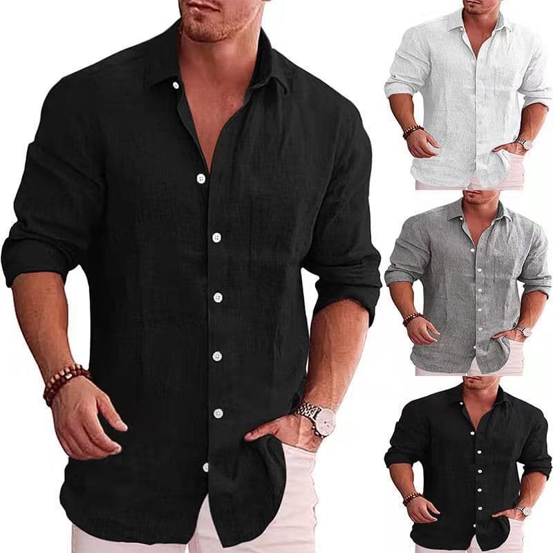 2026 Amazon eBay Foreign Trade Men's Loose Plus Size Solid Color Linen Collared Long Sleeve Casual Shirt