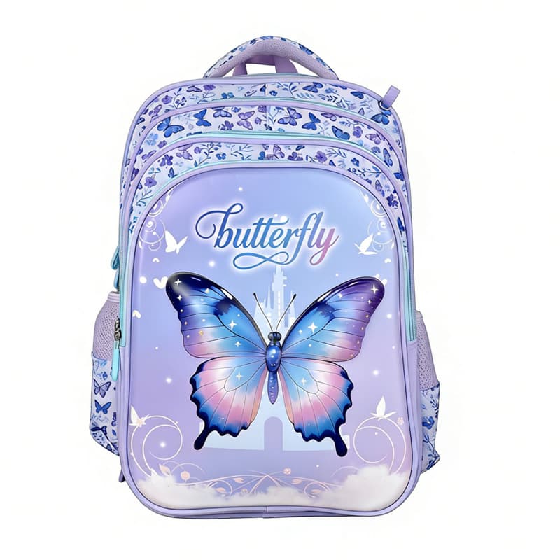 2026 New Student Backpack with Trolley Butterfly Cartoon Design, Large Capacity 4-Zipper Compartments, Girls 18 Inch