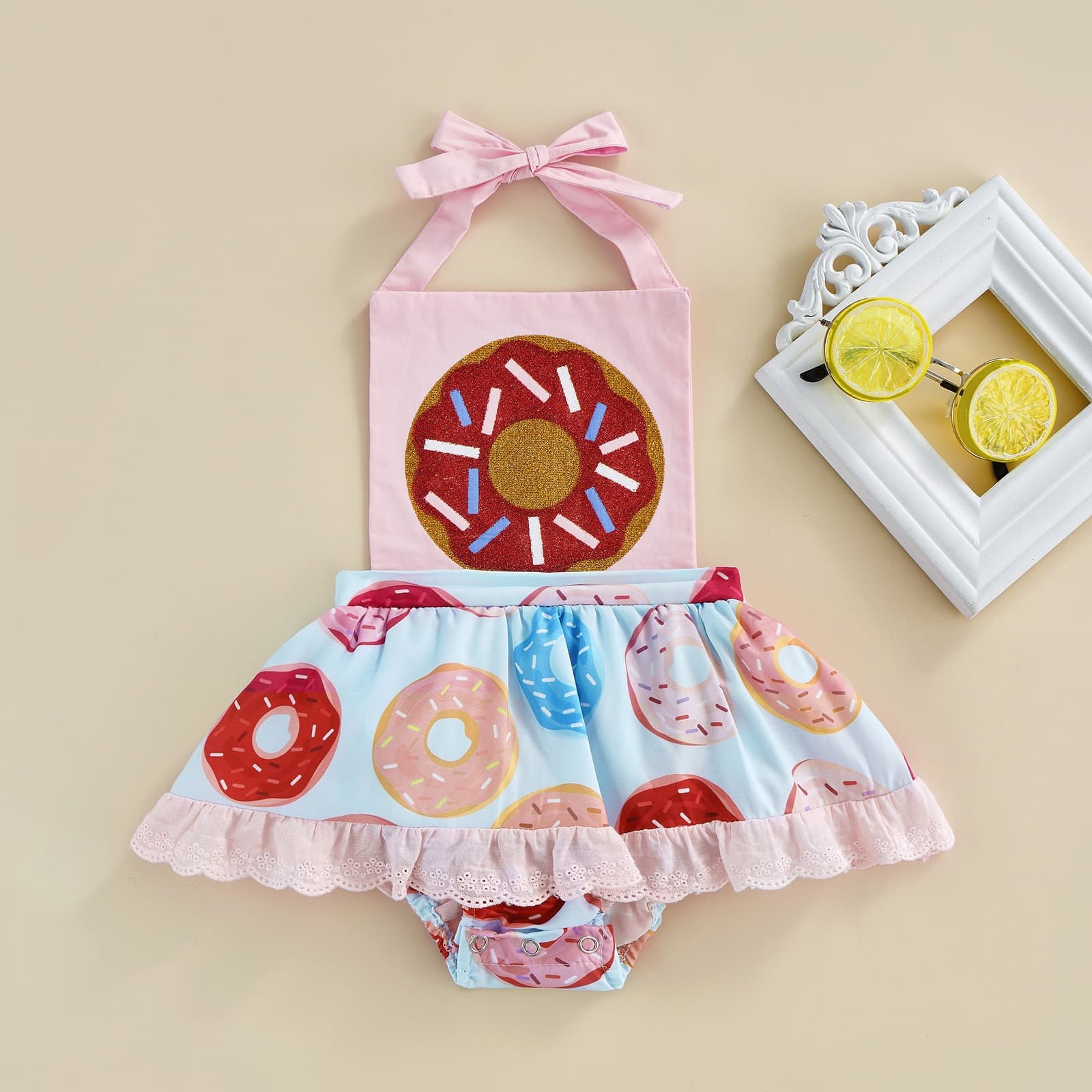 New European and American cute baby girl donut halterneck jumpsuit infant and toddler triangle short crawl suit