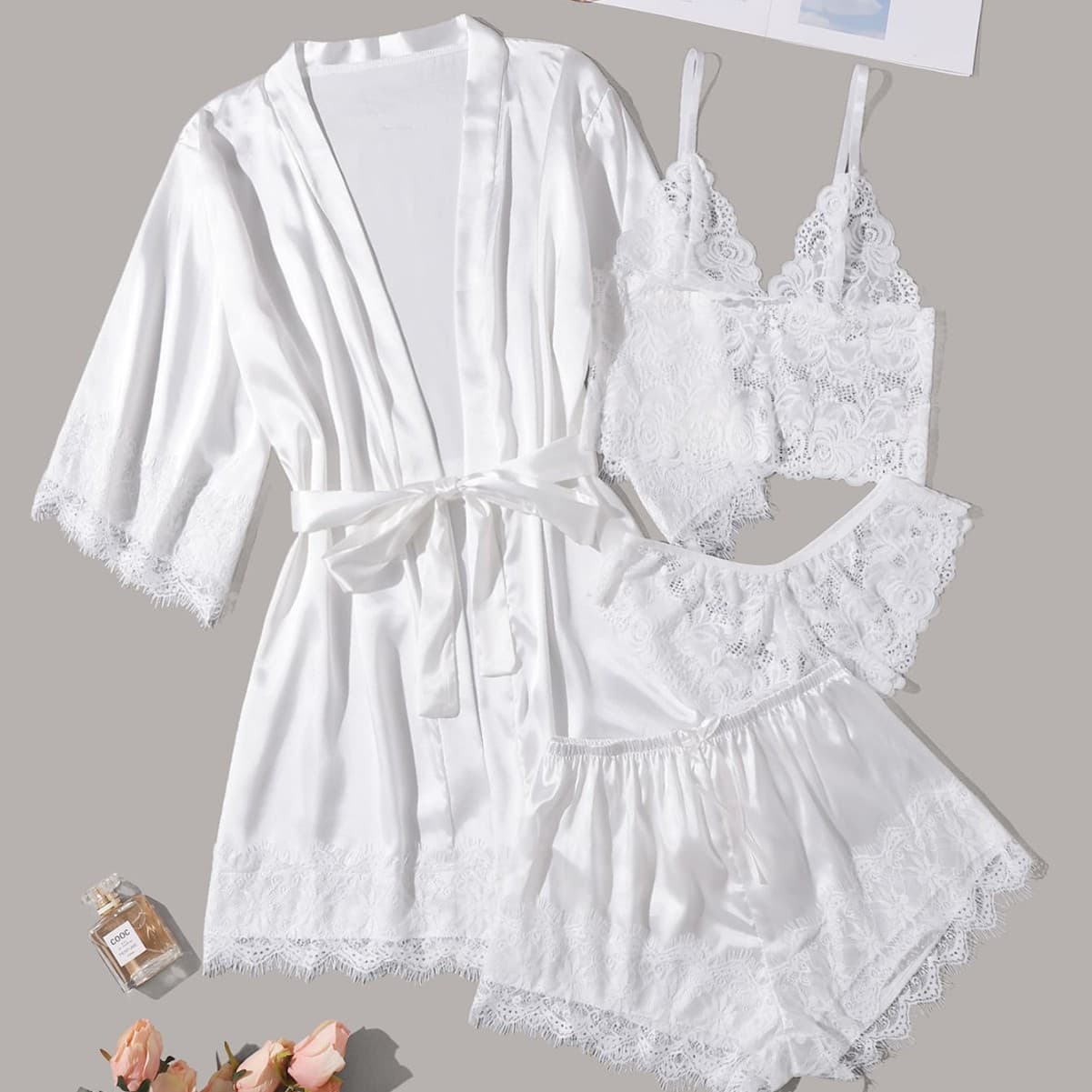 Cross-border Europe and America Hot Selling Silk-like Sexy Lingerie Four-Piece Set Homewear Pure White High-end Sexy Robe