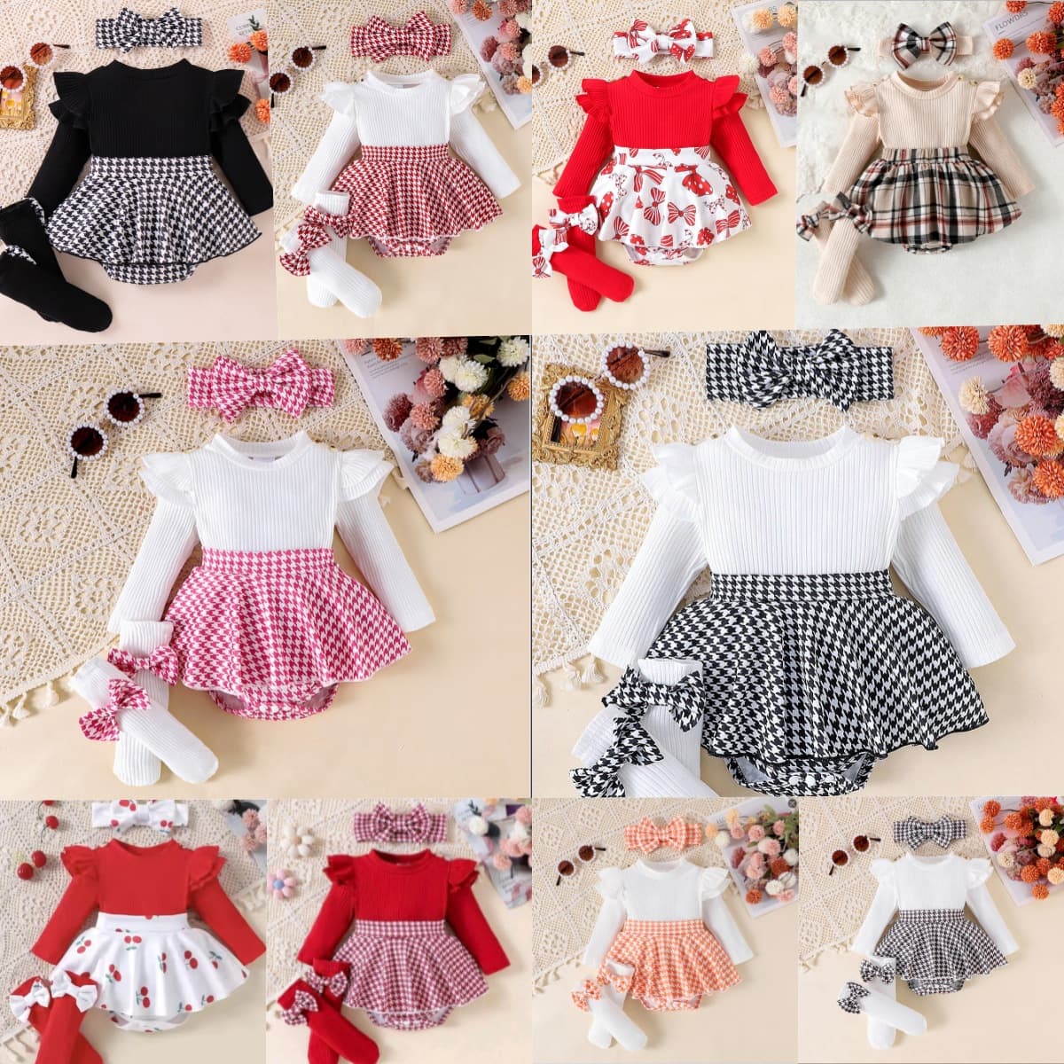 Ruffle Bodysuit Ribbed Long Sleeve Baby Girl Jumpsuit Autumn Patchwork 24M European American Style Amazon Houndstooth Cotton