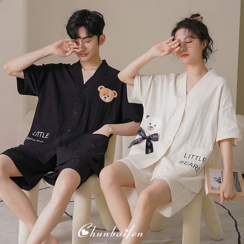 Couple Pajamas Women's Summer Short-Sleeved Cute Korean-Style Cardigan Kimono Sweet Suit Plus Size Men's Loose Home Clothes
