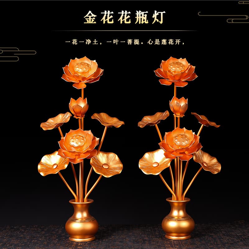 Large handmade lotus flower vase for Buddhist offerings, suitable for Buddhist temples, gilded artificial flowers, and home decorations.