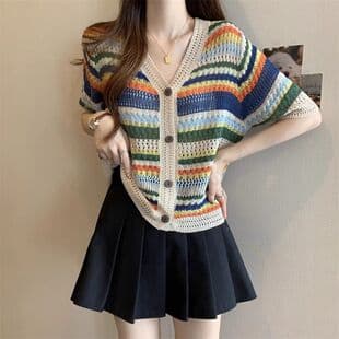 2026 Summer Niche Short Sleeve Hollow Knit Top Striped Women Plump Trendy Versatile Cardigan Top
