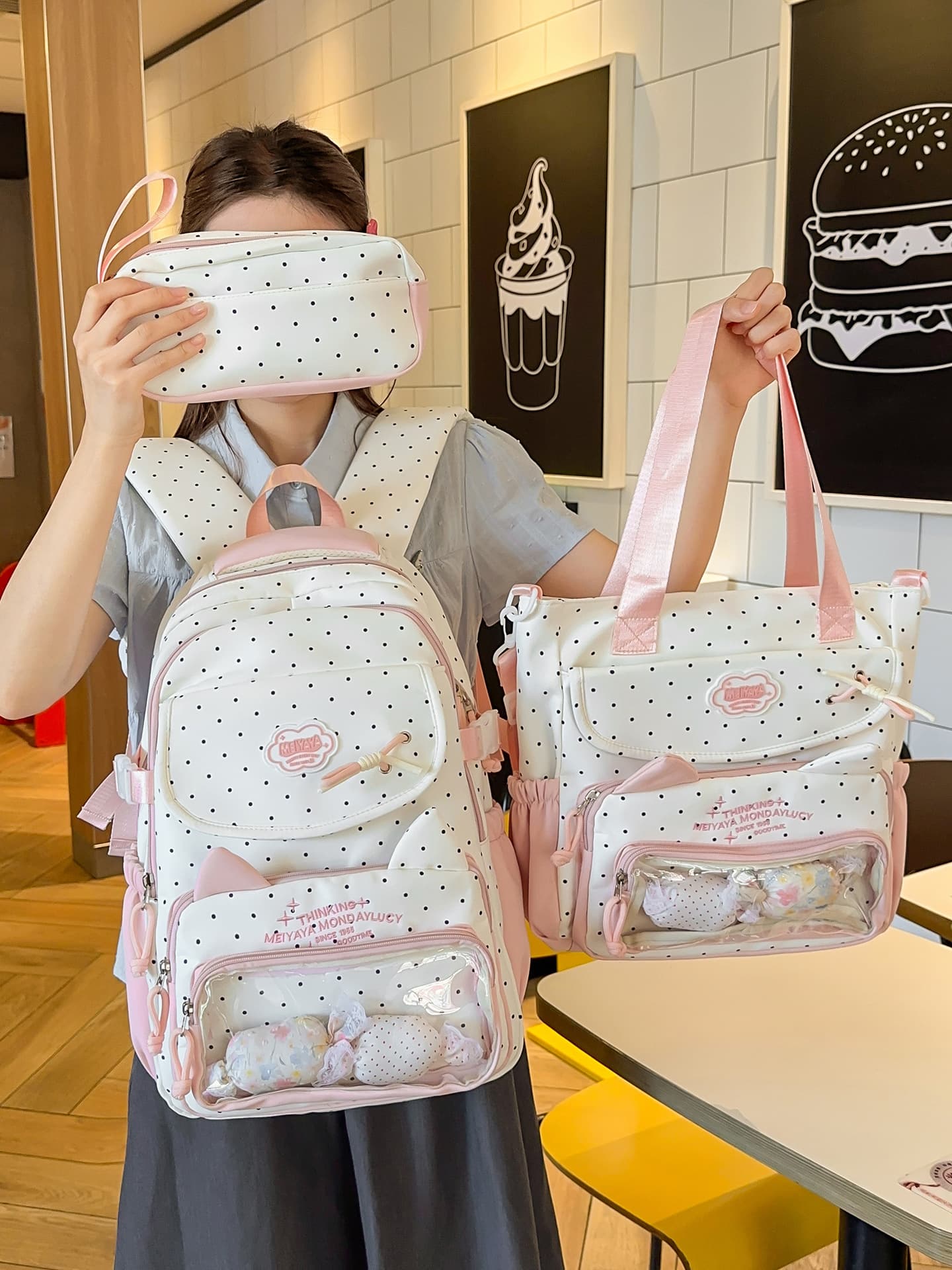 New polka dot cat ear backpack women's three-piece youth campus junior high school nylon school bag cute pain bag