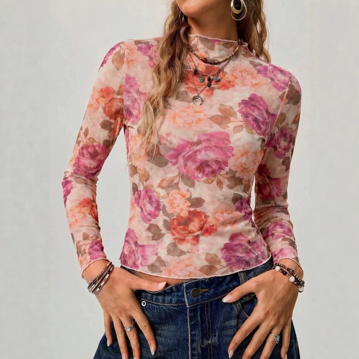 2026 New Cross-border Amazon EU/US Floral Mesh Turtleneck Slim Fit Sheer Sexy Top