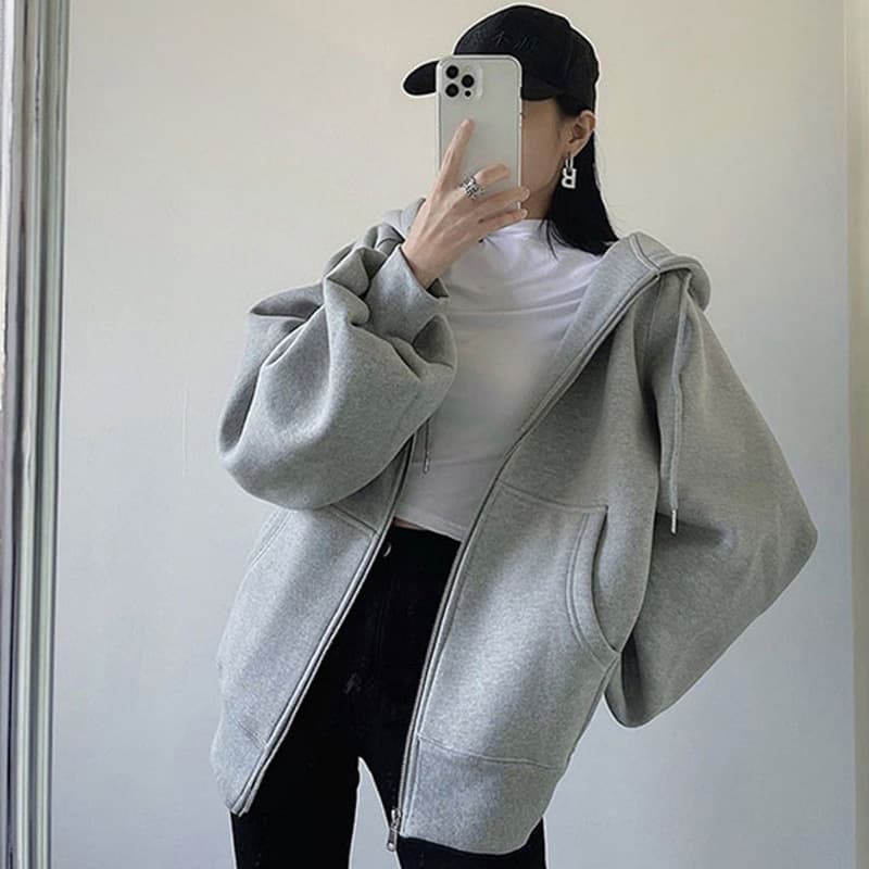 Korean style hooded sweatshirt jacket for women spring and autumn 2026 new autumn and winter plus velvet oversize American retro baseball uniform