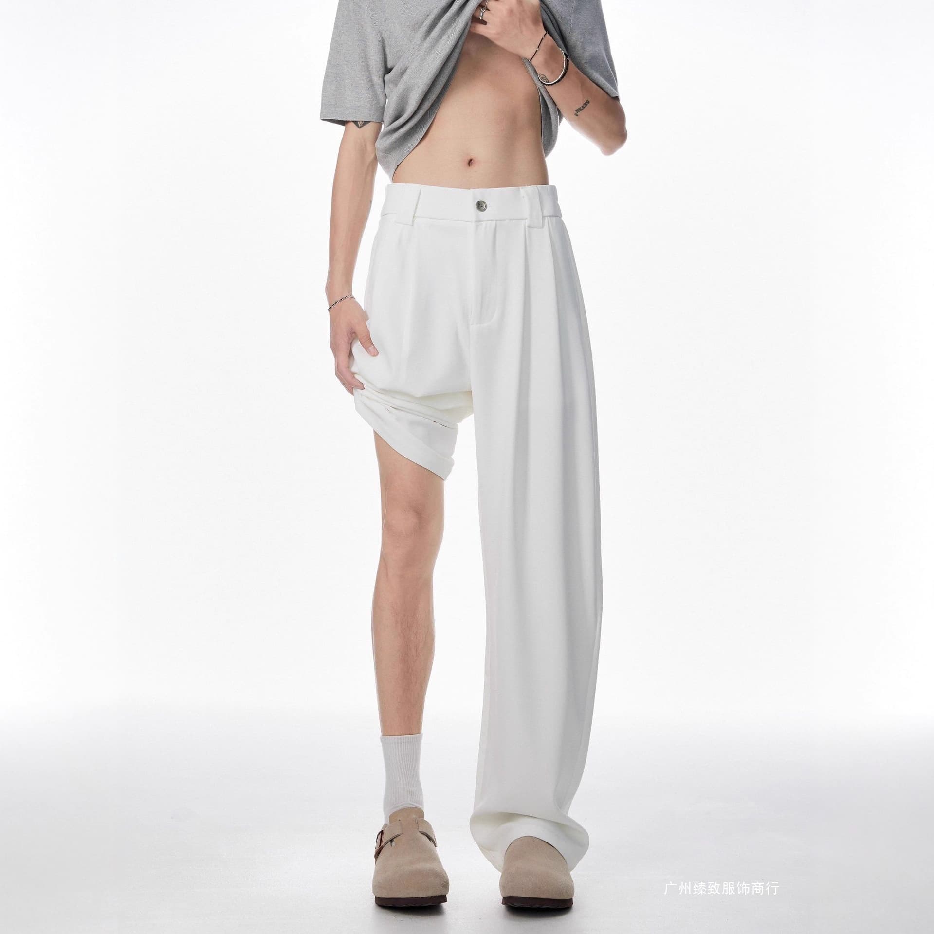 White Drapey Ice Silk Men's Summer Thin High-End Wide-Leg Pants Cleanfit Slimming Casual Long Trousers