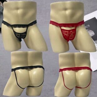 Sexy Men's Stretch Briefs with Lace Waistband Hollow T-Back Lingerie Cross-Border Male Erotic Underwear