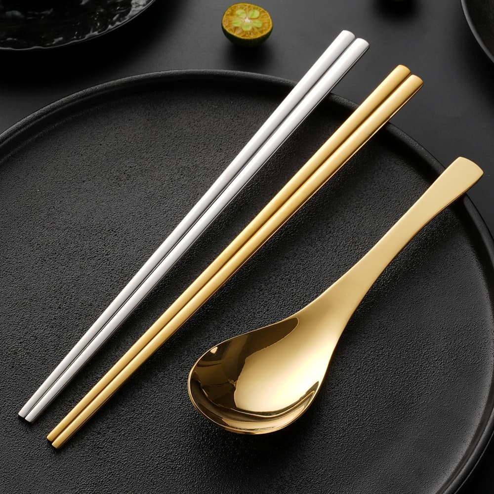 304 Stainless Steel Korean Style Spoon and Chopsticks, Japanese Cuisine Solid Flat Chopsticks, BBQ Restaurant Tableware, Gold Spoon and Chopsticks