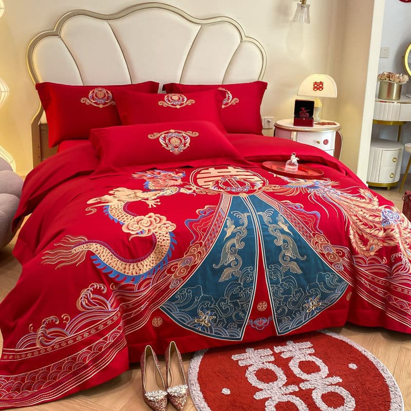 New Chinese Wedding Dragon Phoenix Embroidered Four-Piece Set Red Duvet Cover Newlywed Pure Cotton Bright Red All Cotton Marriage Bedding