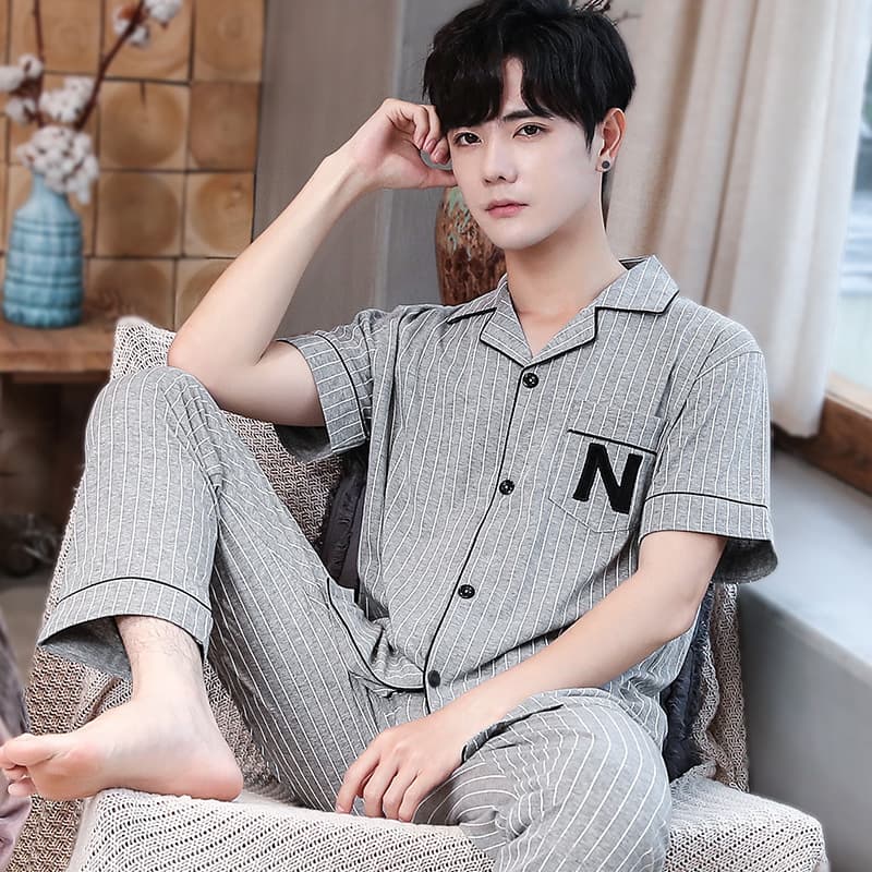 100% Cotton Pajamas for Men in Spring, Autumn and Summer Loose Youth Large Size Short-Sleeved Pants Cotton Suit Home Clothes