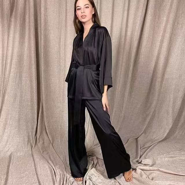2023 Satin Open-Front Tie Robe and Pajama Set Solid Color Loungewear Loose Women's Sleepwear Luxurious Elegant Light Luxury