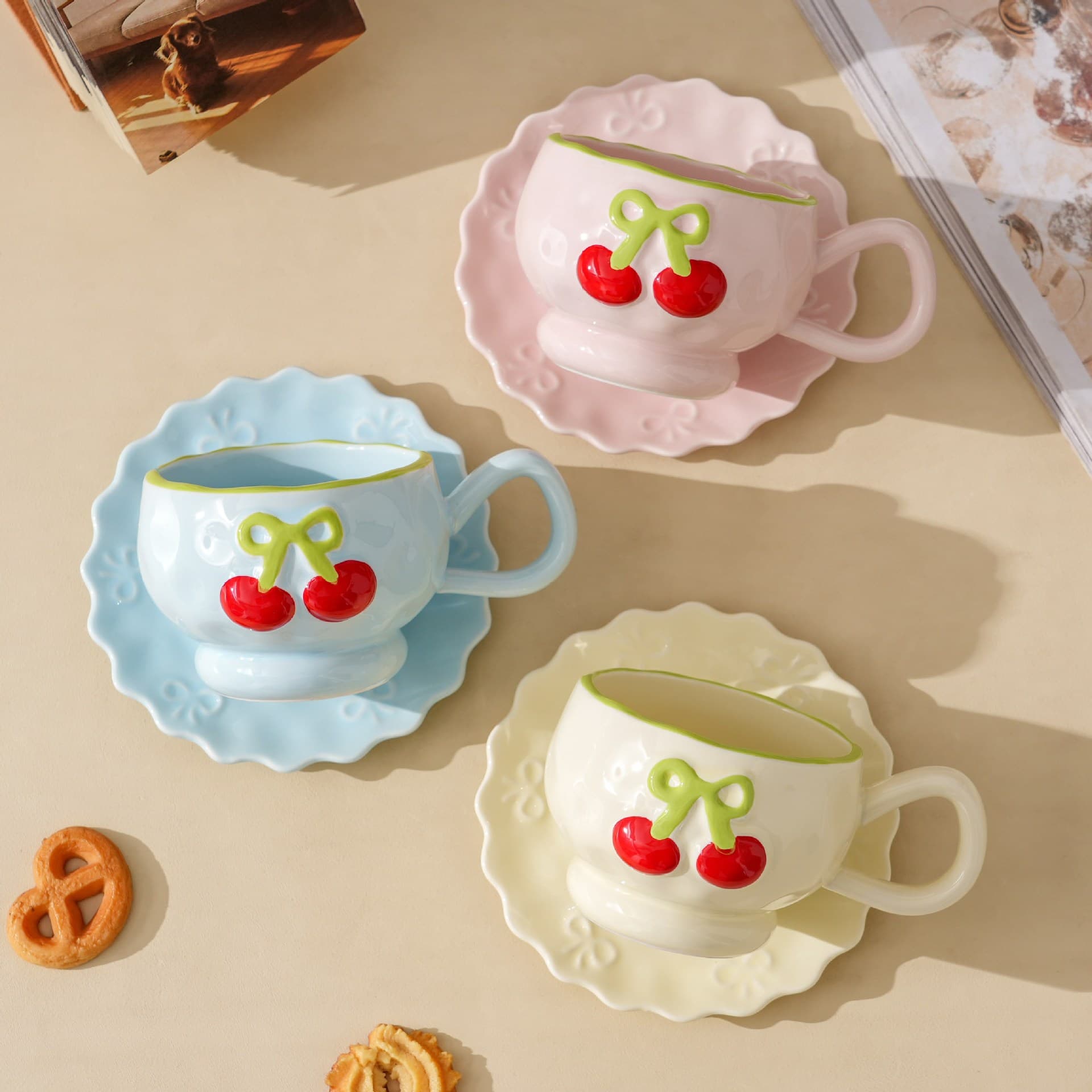 Adorable Cherry Breakfast Oatmeal Milk Cup Saucer Set, Ceramic, High Appearance, Microwave-Safe, Large Capacity Mug for Women, Gift