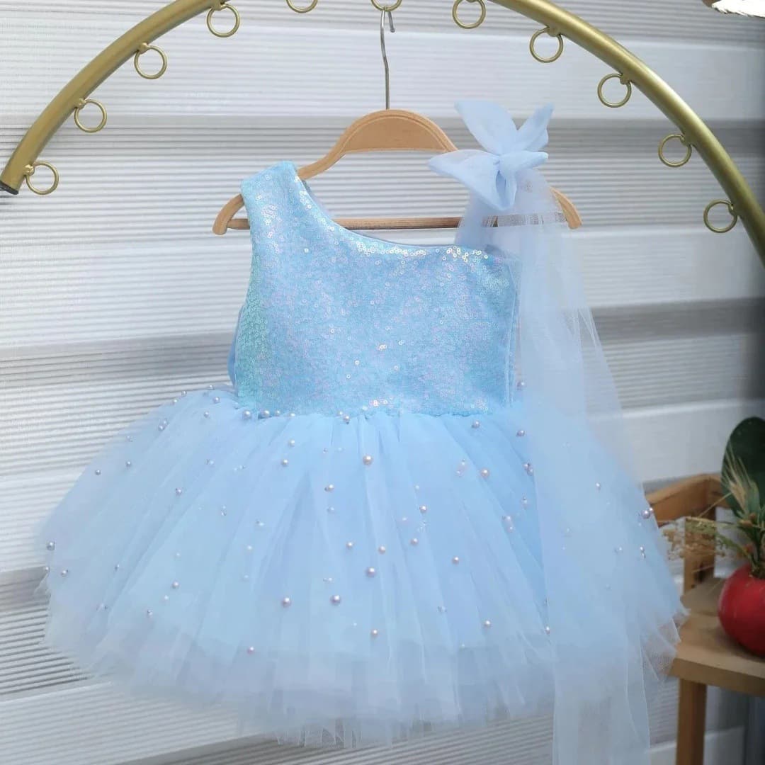 Girls' dress sequined one-shoulder butterfly mesh accessories beaded tutu skirt children's birthday dress wholesale