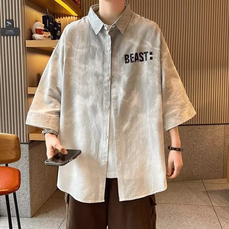 Teen Men's Pure Cotton High Quality Hong Kong Style Tie-Dye Print Short Sleeve Shirt Summer Casual Versatile Cardigan