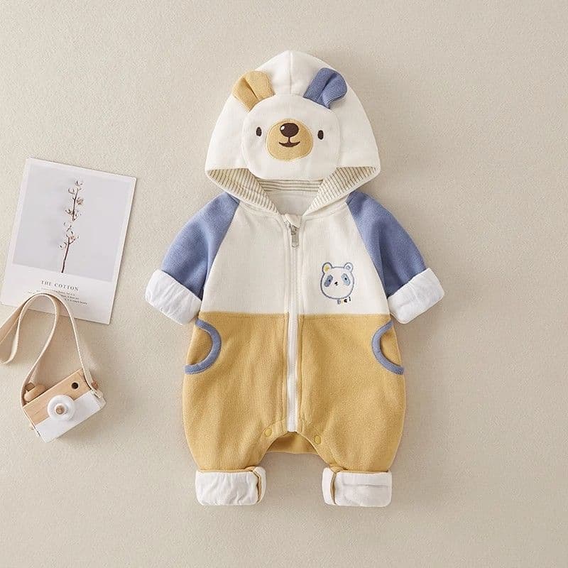 Baby Spring and Autumn Romper for Boys, Double-Layer Cotton Crawling Suit with Hood, Outdoor Wear