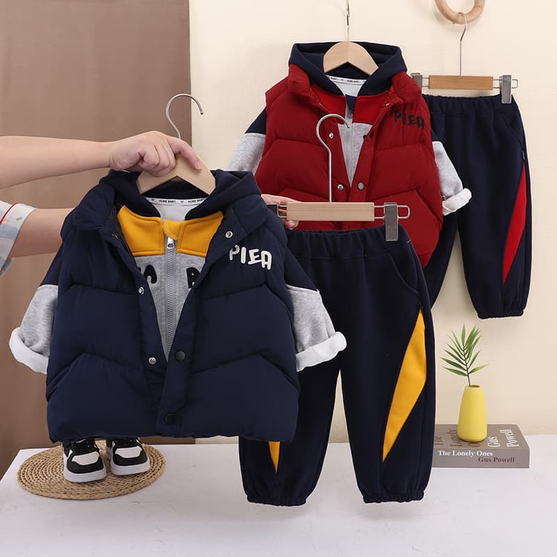 2027 New Boys' Winter Velvet Suit, Baby Boy's Thickened Vest, Children's Winter Clothing Warm Three-piece Set Wholesale