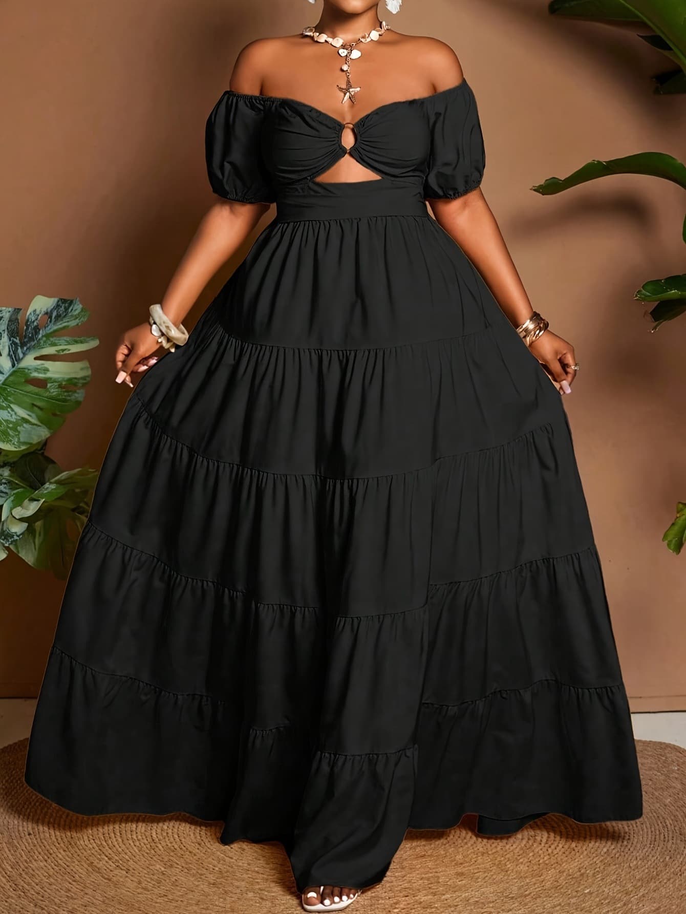 European and American Cross-border Trade Plus Size Women's 2026 New Style Elegant Off-Shoulder Crop Midi Tiered Summer Dress