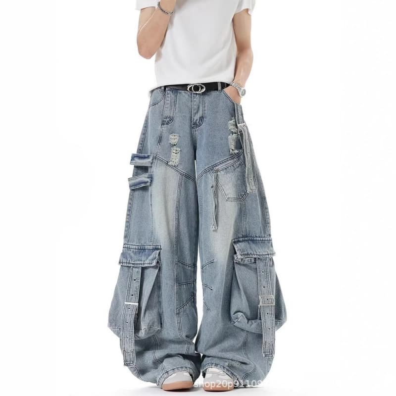 American Heavyweight Deconstructed Sash Workwear Denim Pants Men's Women's Autumn Trendy High Street Multi Pocket Hole Wide Leg Pants