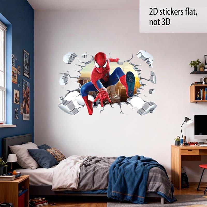 Spider-Man hanging upside down and spinning silk 3D broken wall stickers New York city background at dusk Marvel boy's bedroom self-adhesive