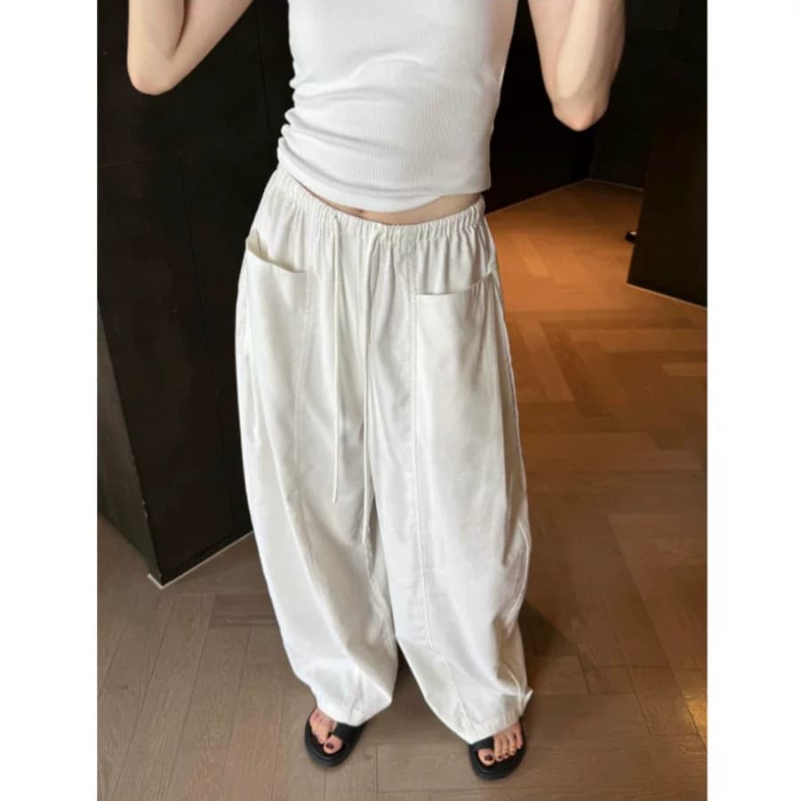 White Curved Saber Pants Women Summer Cool Tencel Linen Wide Leg Pants Petite Lazy Old Money Style Cotton Linen Pants Thin