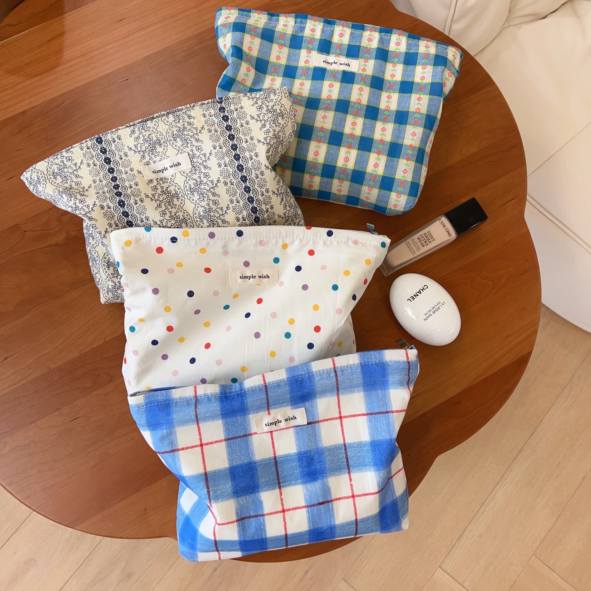 Plaid Polka Dot Combination Fabric Makeup Bag Women's Handheld Bag Inner Sponge Storage Bag Motorcycle Equipment Accessories