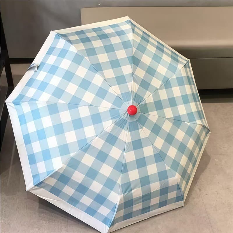 Checkered pattern automatic luxury high-end sun protection umbrella for women, black coating UV-blocking folding sun umbrella
