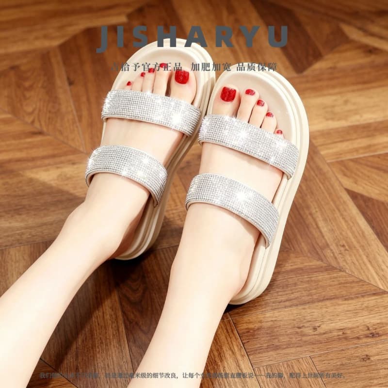 Wide Fit Plus Size Women's Shoes 2026 Summer Thick Sole Fairy Rhinestone One-Strap Sandals for Wide and Chubby Feet