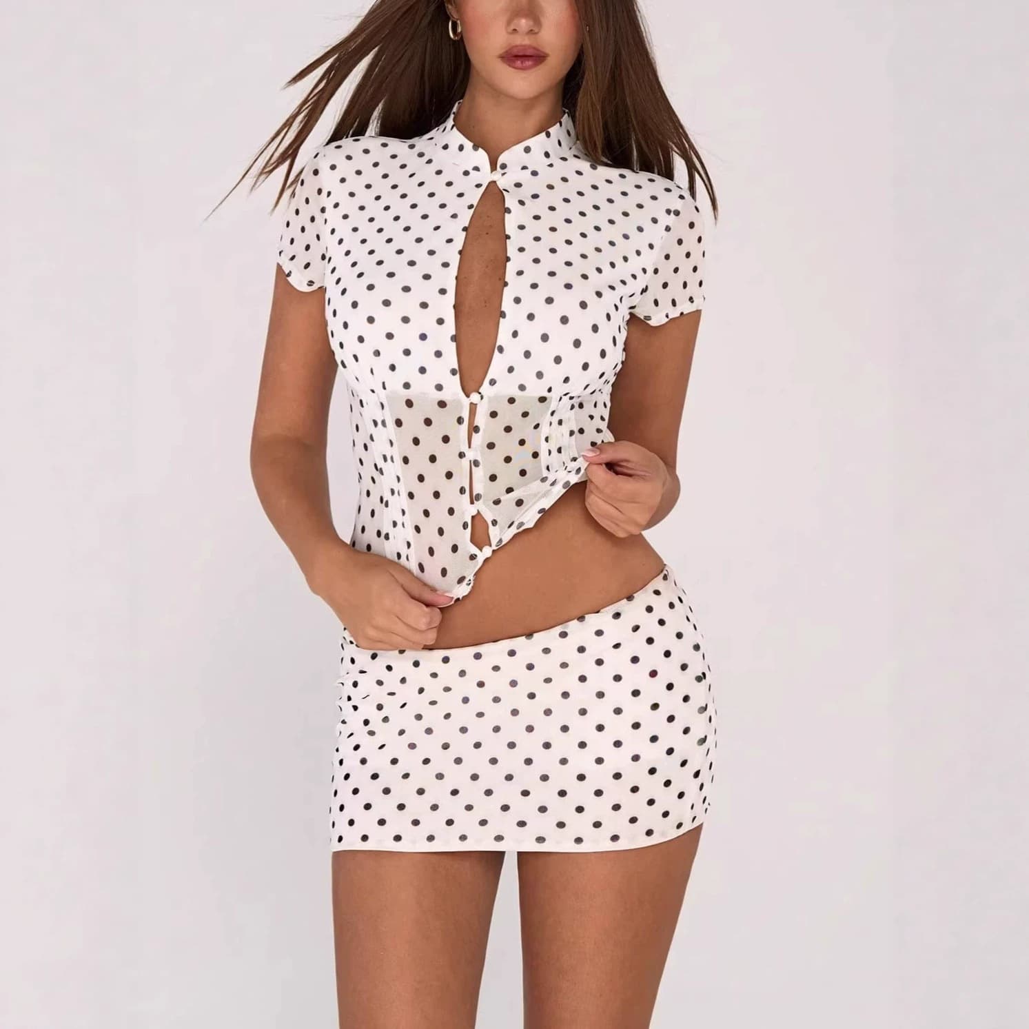 2026 spring and summer European and American cross-border new women's clothing sexy and elegant stand-up collar polka dot printed short-sleeved skirt suit for women