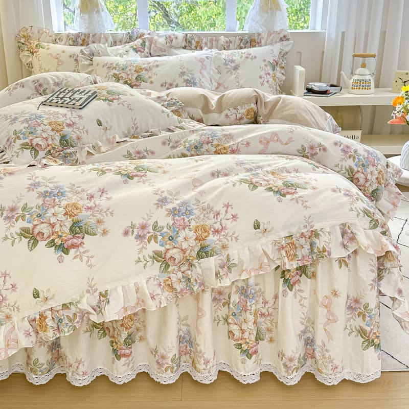 2026 New Cotton Quilted Printed Bed Skirt Four-Piece Set with Single Duvet Cover