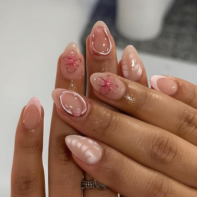 Pink Short Almond Press On Nails French Fake Nails 3D Flower False Nails for Cross-Border E-Commerce