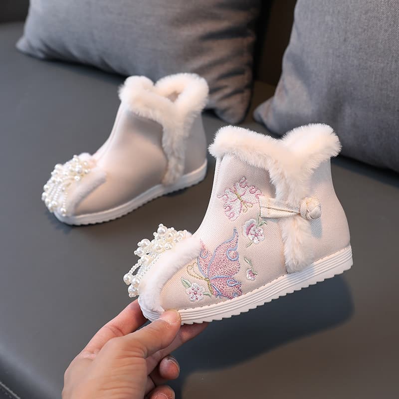 Children's Hanfu Shoes Girls Cotton Shoes Fleece Lined Cloth Shoes Winter 2025 New Boots Ancient Costume Shoes Chinese Style Embroidered Shoes