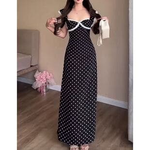 High-End French Style Lace Trim Polka Dot Dress for Women Plus Size Curvy Slimming Waist Long Dress Summer