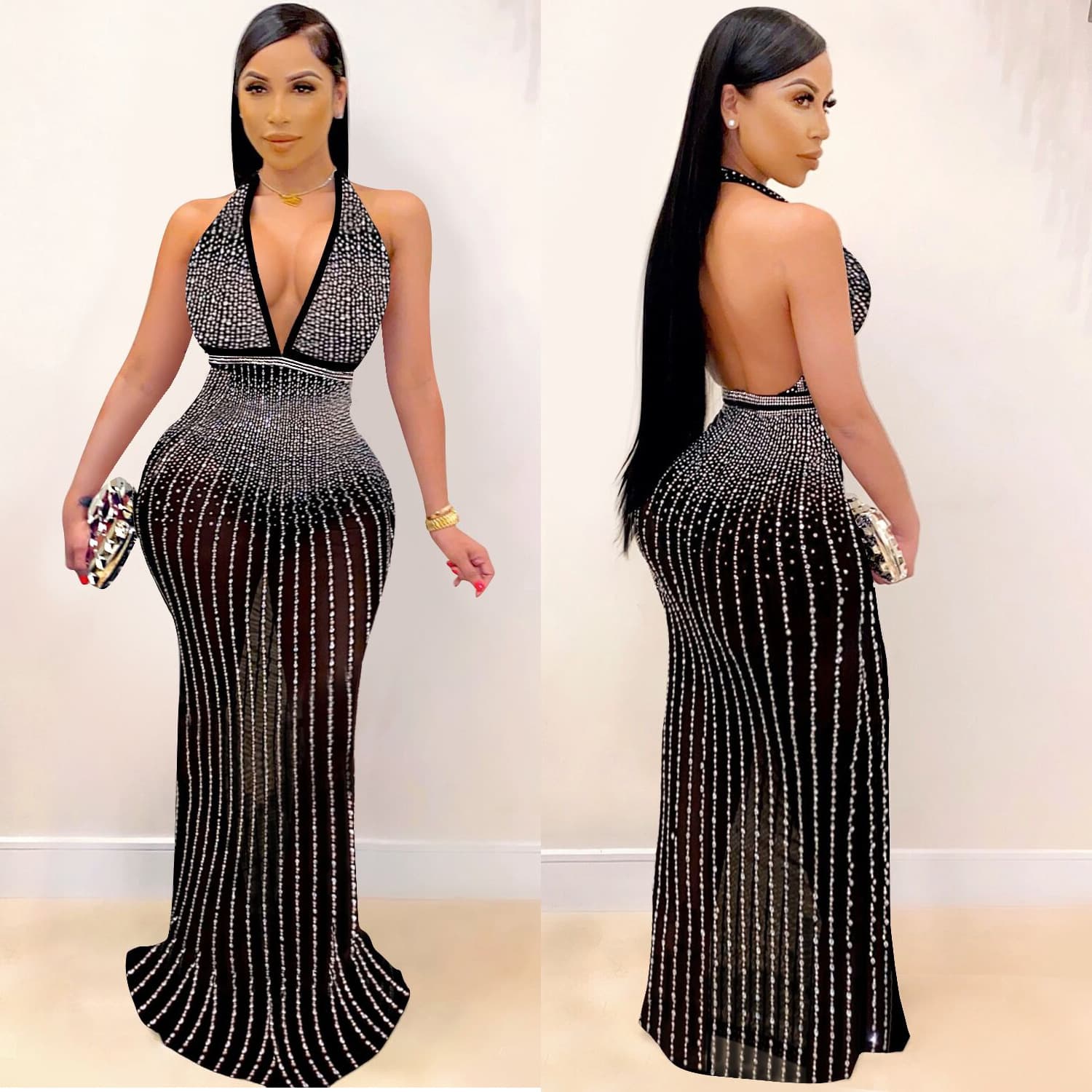 K8983 Sexy Rhinestone Sleeveless Halter Neck See-Through Bodycon Dress for Nightclub