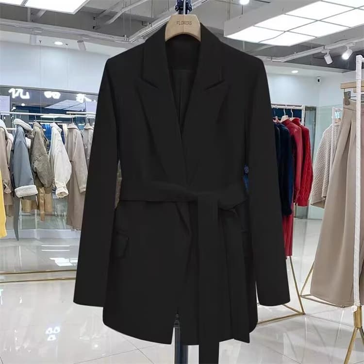 Women's Suit Jacket 2025 Spring Autumn New Korean Style Black Lace-Up Slim Fit Elegant Fashionable Blazer