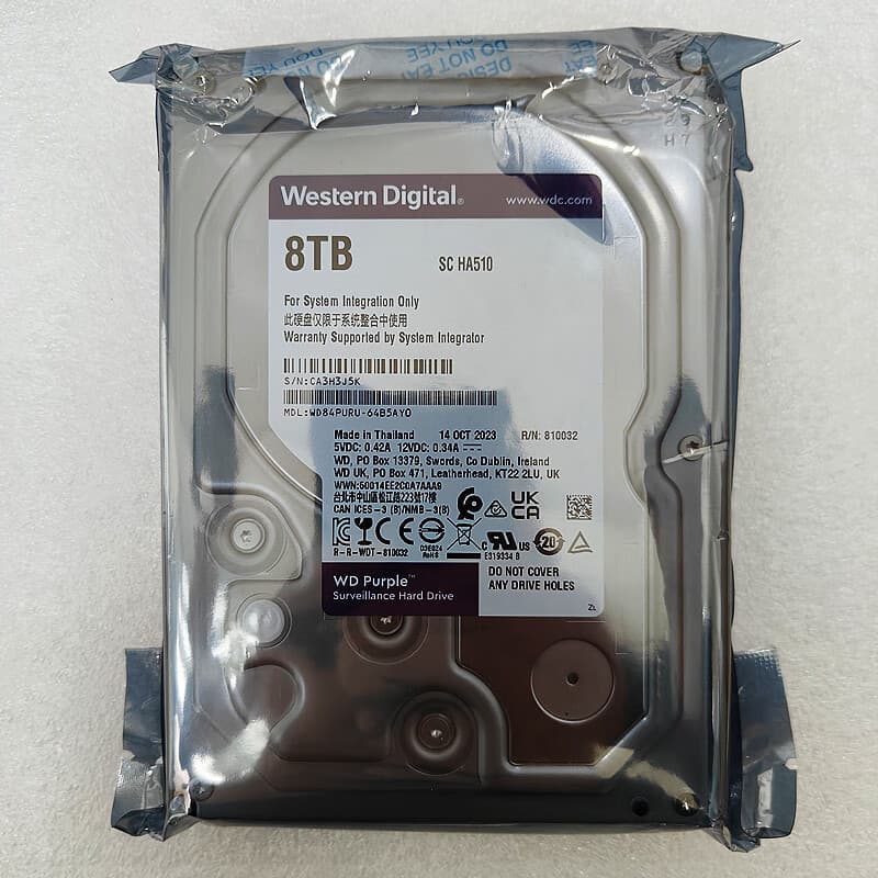 Western Digital Purple Hard Drive (WD/WD85PURU/84PURU) 8TB, designed for Hikvision video recorders and surveillance.