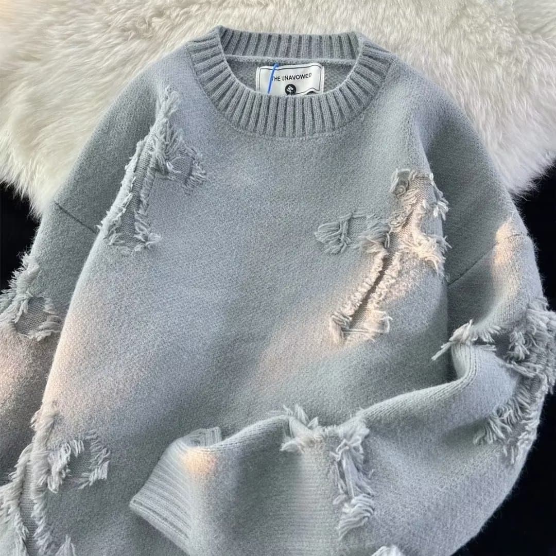 Men's Round Neck Pullover Knitted Sweater Spring Autumn Casual Vintage American Style Japanese Trendy Teenage Boy Hole Design