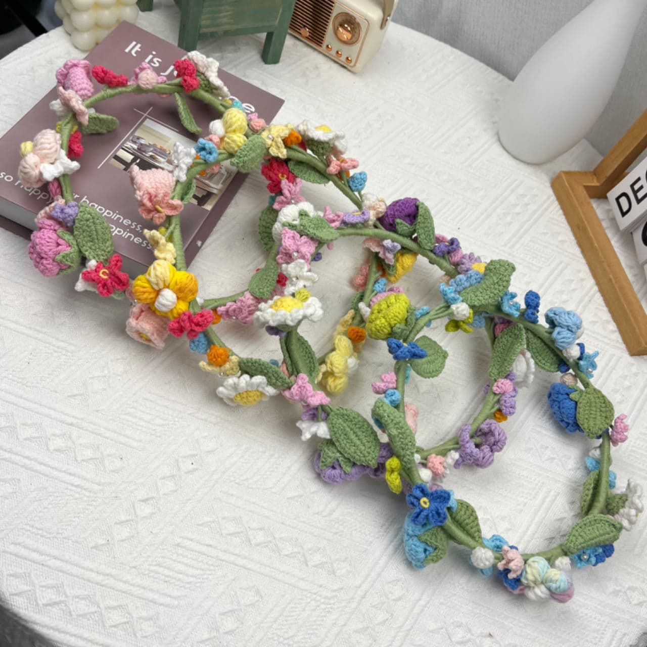 Handmade Crochet Yarn Wreath Headband for Girls, Hairpin Accessories, Artificial Flower Rose Crochet Series