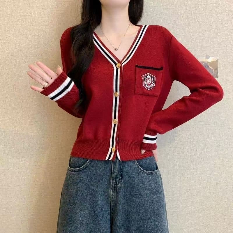 Factory direct sales cross-border foreign trade French style contrasting color v-neck long-sleeved knitted cardigan spring and autumn slimming women's sweater