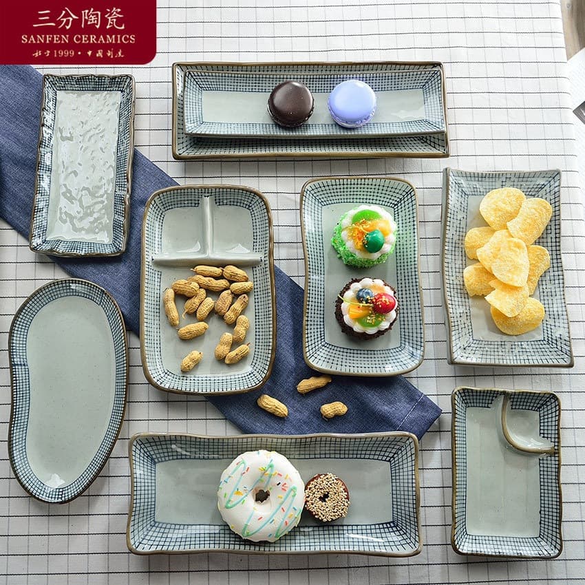 Sanfen Ceramic Japanese Rectangular Grill Plate Home Serving Dish Dumpling Plate with Vinegar Dish Western Steak Tableware