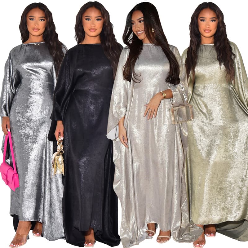 MQ117 Factory Direct Women's Outerwear 2024 Summer Amazon Modest Fashion Silver Foil Soft Dress