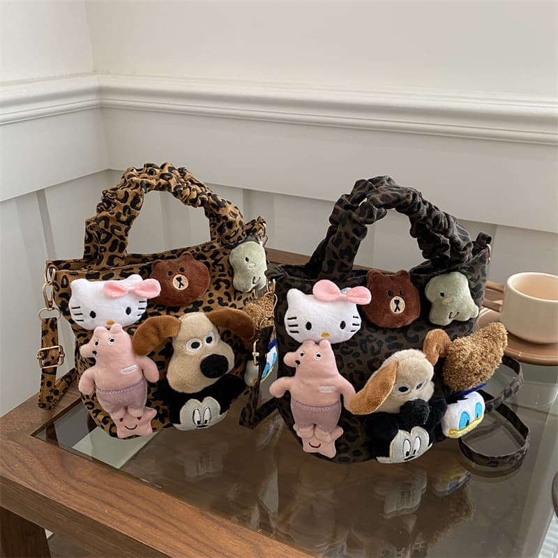 Super Hot Niche Leopard Print Canvas Bag for Women, Autumn/Winter Trendy Versatile Crossbody Bag, Cute Cartoon Handled Bucket Style