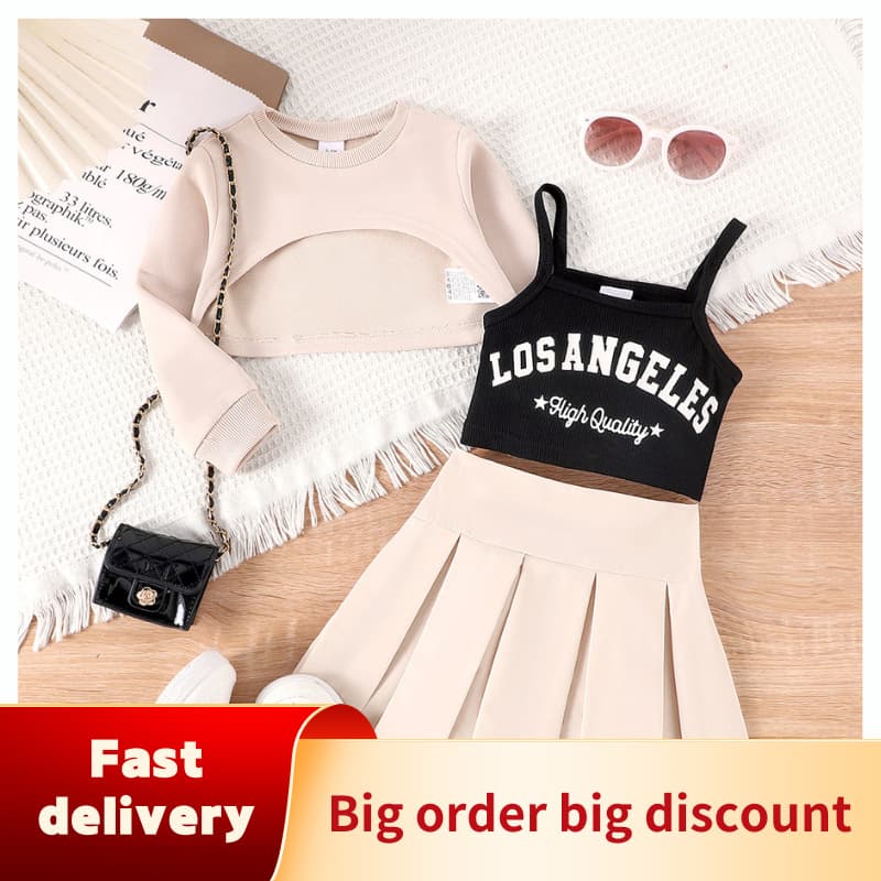 Children's Clothing Apricot Hoodie + LOSANGELES Tank Top + Pleated Skirt New Cross-Border