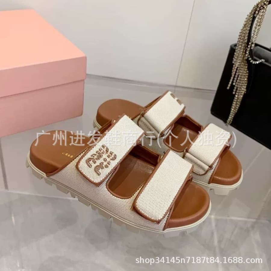 High Version~ Export 2026 Miu Brand Velcro Slippers Women Summer Fashion Woven Outdoor Flat Cross-border