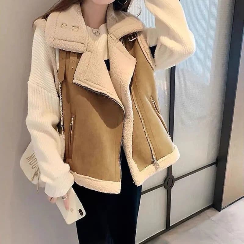 Shearling Sheepskin Vest for Women Stylish Winter Thickened Backless Motorcycle Vest Lambswool Jacket