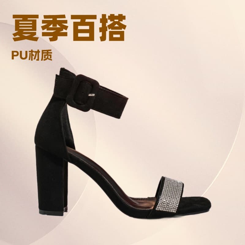 Export Women's Sandals Outdoor 2025 New Fashion Versatile Mid Chunky Heel One-Strap Fairy Rhinestone High Heel Shoes