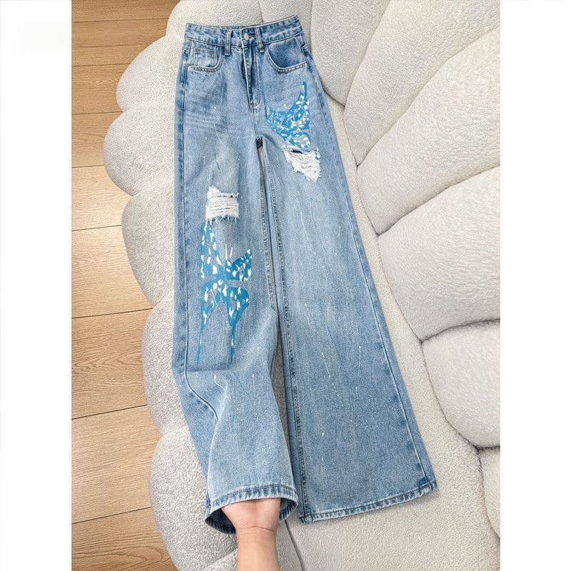 American Distressed Wide Leg Jeans for Women, 2026 Summer New Graffiti Painted High Street Petite Straight Leg Floor-Length Pants