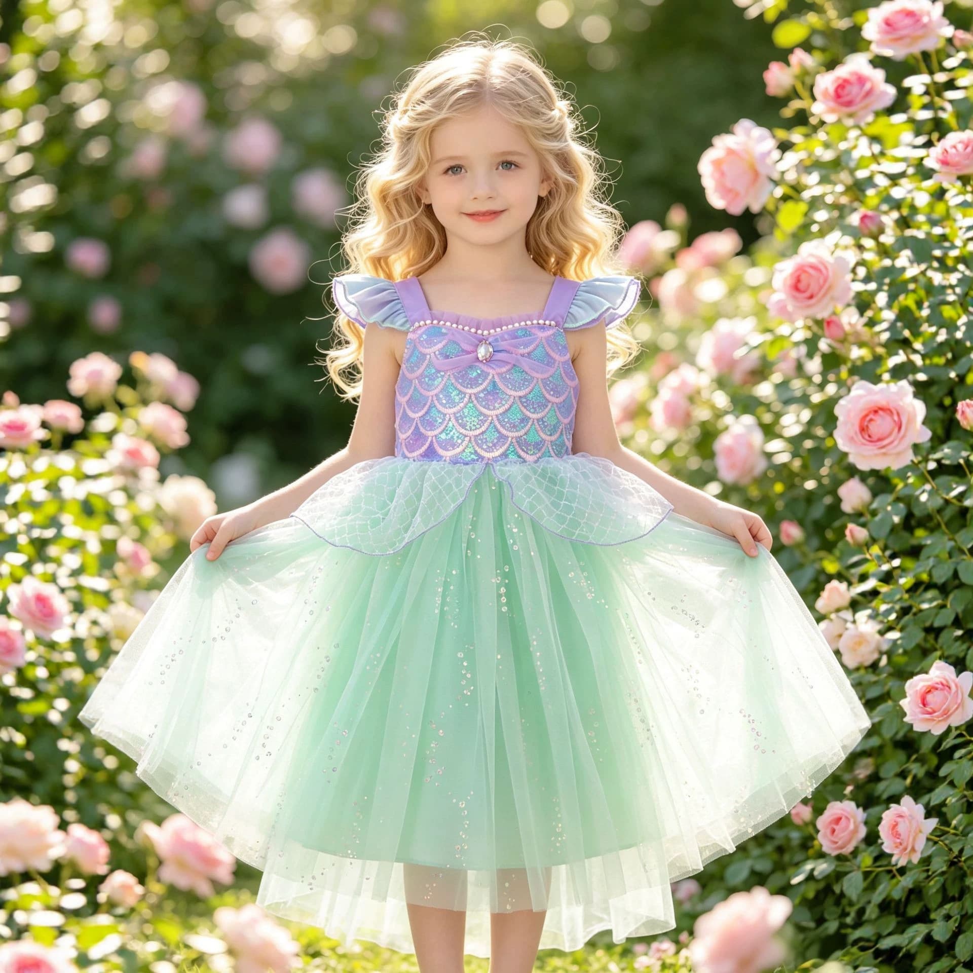 Girls' Flying Sleeve Camisole Mesh Skirt Baby Summer Sweet Sequin Performance Costume Mermaid Princess Dress