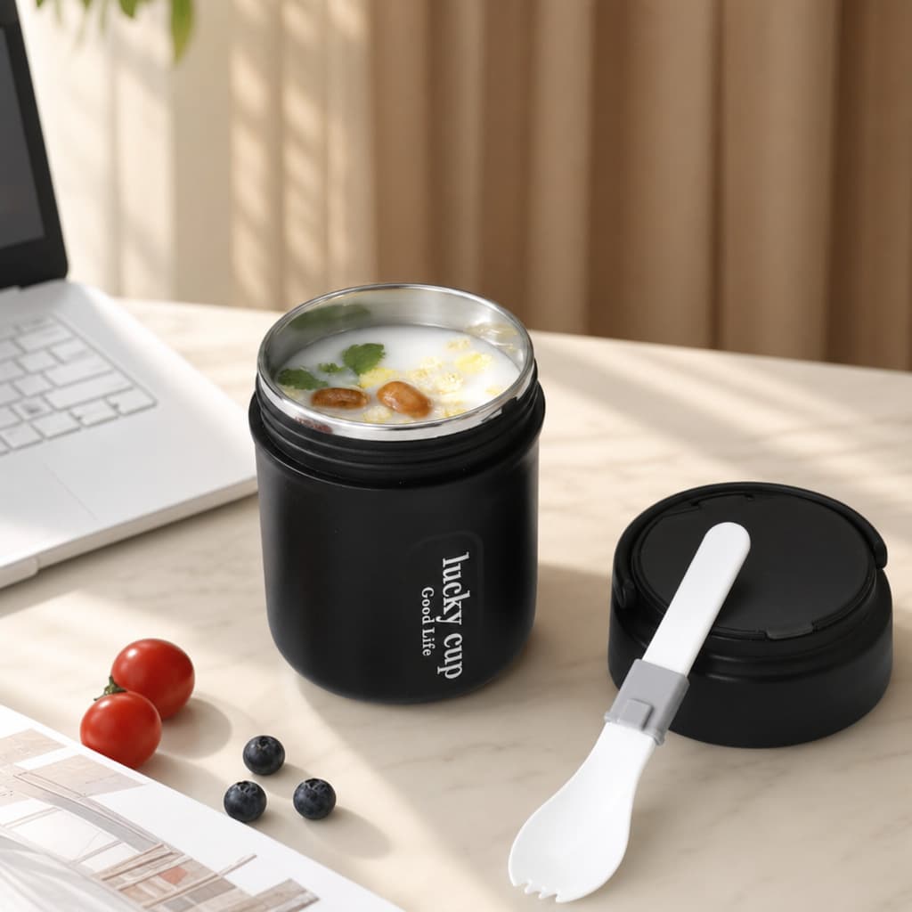 304 Stainless Steel Insulated Breakfast Cup Portable with Spoon for Office Workers and Students Congee Cup Oatmeal Cup Kids Milk Cup